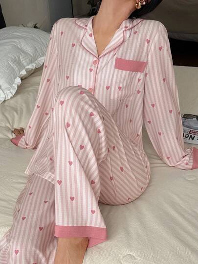 Napfluff Striped Heart Print Lapel Collar Pink Button Up Top & Pants PJS, Fall Winter Clothes Cozy And Elegant Details Women PJS