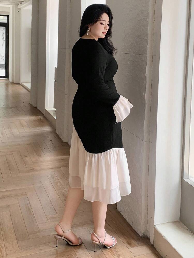 Dazy Plus Plus Size Women Square Neck Bodycon Party Dress With Contrast Color Cuff And Hem Fishtail Design Long Sleeve Dress