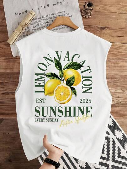 Manfinity Joysei Standard Size Men's White Fruit Lemon Print Sleeveless Tank Top, Suitable For Summer