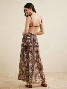 JIAN LASALA 复古印花网纱波西米亚风度假连衣裙，配有可调节肩带，女士长款连衣裙，棕色长款连衣裙，棕色印花长款连衣裙，棕色夏季连衣裙，棕色度假连衣裙，棕色图案长款连衣裙，约会之夜服装，女士婚礼宾客晚礼服，婚礼宾客奢华装扮 - 棕色 - 查看 2