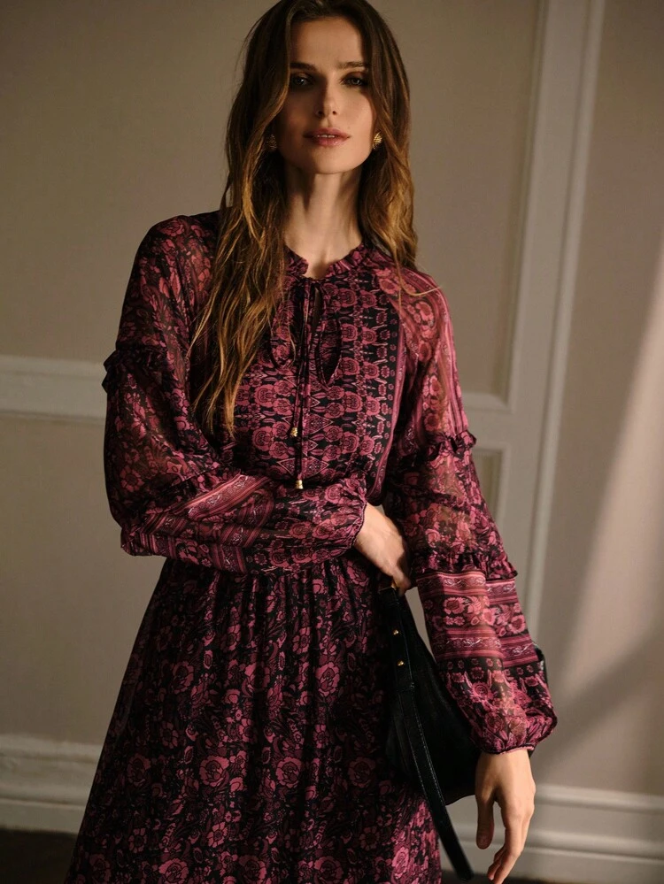 CHIFFON ALLOVER FLORAL PRINT FRILL TRIM TIE NECK LANTERN SLEEVE RUFFLE HEM DRESS