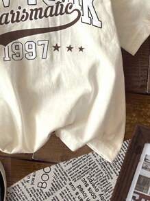 SHEIN Leap Crew 4 件套青少年女孩休闲复古淡紫色、复古奶油粉色、奶油白色、复古学院字母印花简约短袖圆领 T 恤，适合夏季