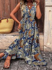 EMERY ROSE V 领裹身式全印花背心裙长款女装