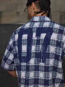 AXEPEAK Camisa holgada retro de hombre con estampado de cuadros y recortes, casual, para verano, estilo emo - Multicolor - Ver 4