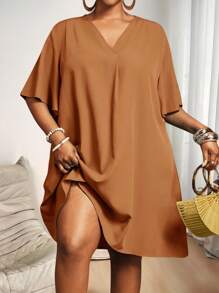 Slaydiva 新款优雅休闲/商务休闲女式短袖雪纺V领宽松荷叶袖连衣裙，秋季女装 - 棕色 - 查看 1