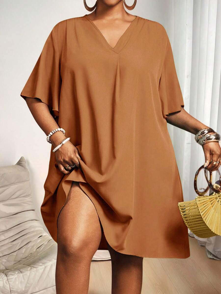 Slaydiva 新款优雅休闲/商务休闲女式短袖雪纺V领宽松荷叶袖连衣裙，秋季女装 - 棕色 - 查看 1