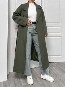 EURMUSE Lapel Neck Double Breasted Slant Pocket Waist Belt Tie-Up Woolen Overcoat - Army Green - View 4