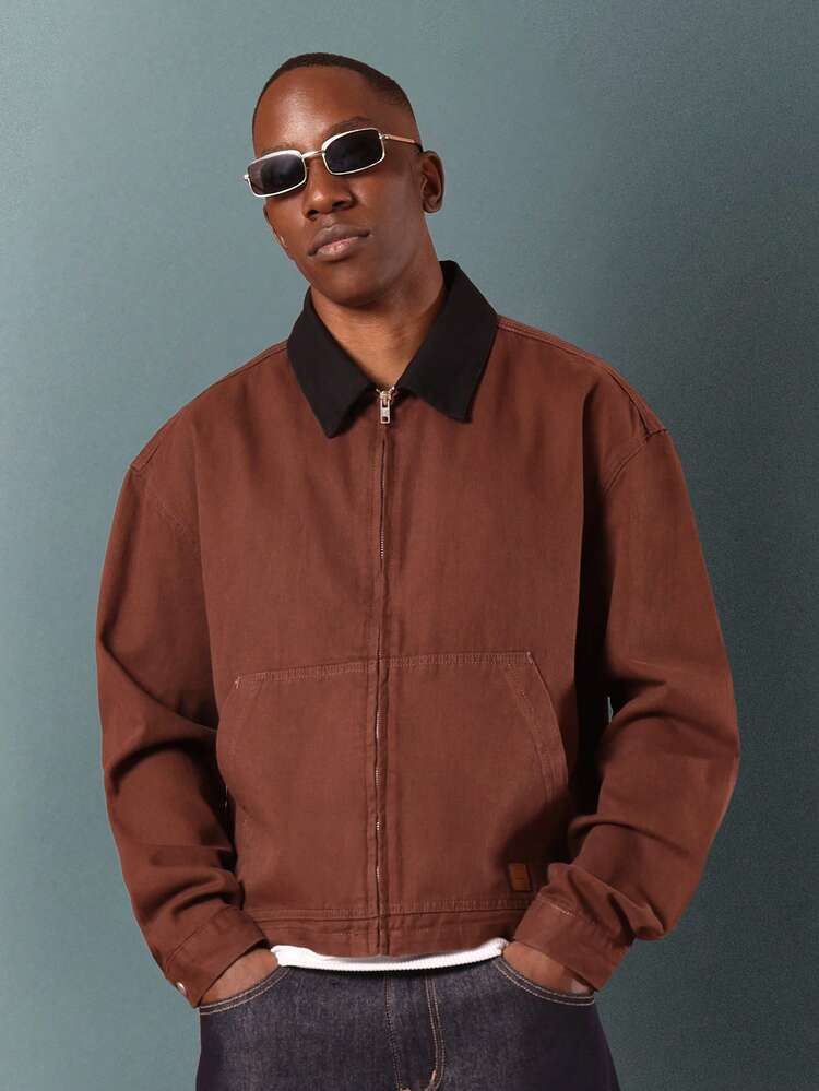 SUMWON Classic Harrington Jacket With Contrast Collar Canvas Work Wear Zip Up Outerwear Oversized Wide Fit Lightweight Fall Spring Streetwear Fashion