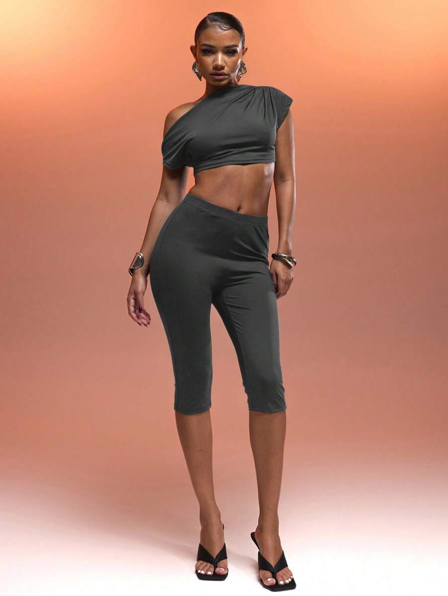 MUSERA 性感修身七分裤，适合夏季度假、海滩、90年代、Y2K风格，秋季派对、假日休闲穿着。 - 深灰色 - 查看 1