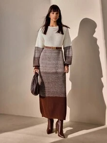 CLARA VERO 拼色落肩毛衣，长袖毛衣裙 - 奶油色 - 查看 4