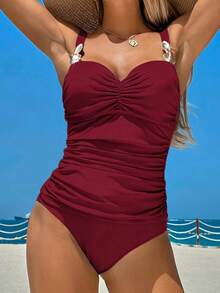 Swim Lushoire 2pcs Sexy Solid Color Halter Metallic Accent Ruched Front Long Tankini Top And High Waist Bikini Bottom Swimwear Set For Summer Beach Vacation - Red - View 1