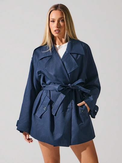 Menodora SHEIN Sport 女式休闲短款双排扣宽松风衣 秋冬轻便户外风衣