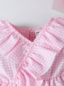 女童衬衫套装 2 件套 女童粉色荷叶边衬衫和牛仔裙套装，长袖上衣，不对称下摆，春季时尚装扮 女童格纹裙套装 粉色和蓝色套装 女童两件套牛仔裙套装 女童服装 荷叶边上衣 粉色格纹上衣和牛仔裙套装 - 粉色 - 查看 4