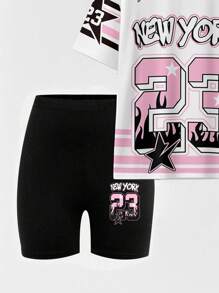 女士休闲纽约字母标语、数字 23 图形印花 T 恤和骑行短裤两件套，时尚且 - 彩色 - 查看 4