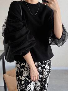 FRIFUL Women's Round Neck Loose Mesh Patchwork Casual Loose Sleeve Frill Trim Sweater, Halloween Costume, Autumn - Black - View 6