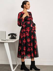 MaterniWear 办公室,商务休闲女装,秋装,秋装,孕妇装秋装孕妇装孕妇花卉印花重叠V领灯笼袖优雅连衣裙 - 黑色 - 查看 3