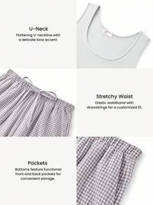 LUVLETTE Plus Women Gray Tank Casual Tops & Cotton Plaid Patterned Lounge Pants Cute Pajama Sets Pants With Pockets Lingerie As Outerwear Cozy At Home Checks And Balances Also Suitable For Teen Girl & Young & Kid