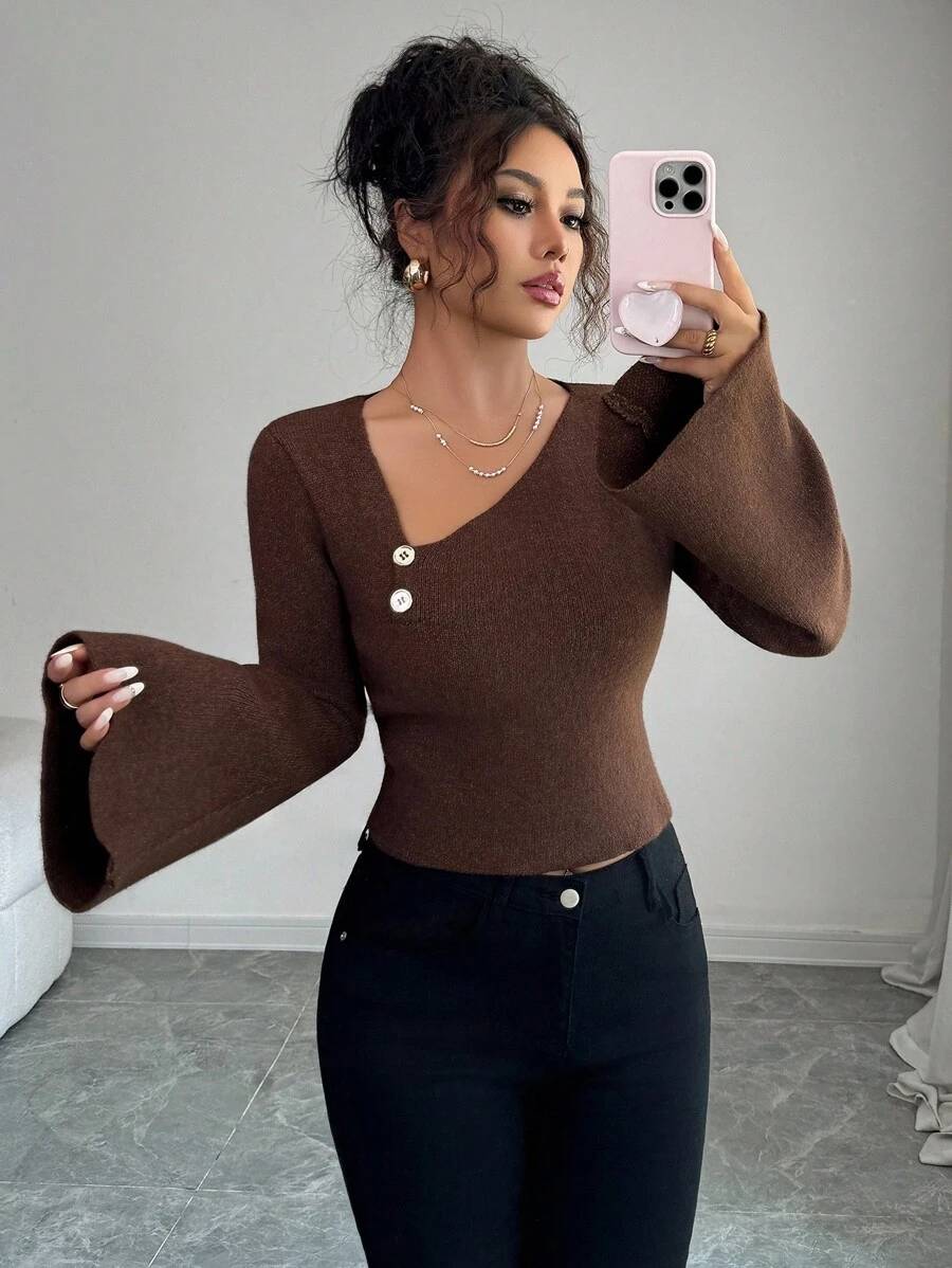 Selianne Autumn/Winter Elegant Asymmetrical Neck Knit Sweater Knit Pullover Fall - Coffee Brown - View 1