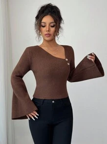 Selianne Autumn/Winter Elegant Asymmetrical Neck Knit Sweater Knit Pullover Fall - Coffee Brown - View 4