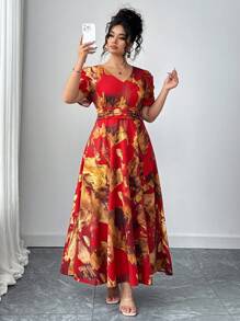 Elenzga 大码女式优雅 V 领褶饰腰部中长连衣裙，夏季 - 紅色 - 查看 1