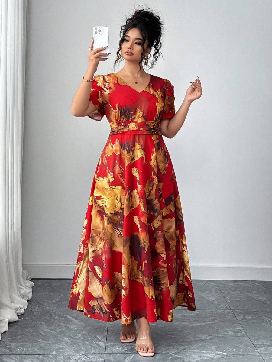 Elenzga 大码女式优雅 V 领褶饰腰部中长连衣裙，夏季 - 紅色 - 查看 1