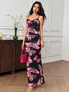 EastFlair Women's Butterfly Print Draped Neck Fitted Long Dress Long Floral Dress Women Bodycon Maxi Dress Women Butterfly Print Maxi Dress  Chinese Style - Multicolor - View 4