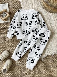 SHEIN 男婴幼儿新生儿0-3岁秋冬毛绒法兰绒可爱熊猫家居服和外套卫衣套装 - 黑與白 - 查看 2
