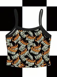 Shutterstock Regata Feminina de Alça Fina com Estampa de Dinheiro, Design Criativo de Moda de Verão, Parte Superior Estampada com Dinheiro, Roupa Y2K, Parte Superior Feminina Y2K, Tops de Verão Y2K, Adequado para Sair - Preto - Visão 2