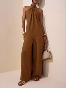 Zivah 2025 夏季新款音乐节复活节母亲节婚礼季参加婚礼出席生日日常休闲度假邮轮旅行海滩日光浴病毒式优雅休闲挂脖露背扭纹宽松阔腿裤，红棕色，女士连体裤 - 摩卡棕 - 查看 7