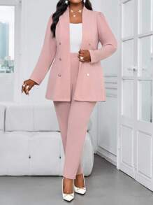 SHEIN Lady 秋冬优雅通勤办公粉色针织立领金色纽扣长袖加大码套装加大码仿皮草外套 - 藕粉色 - 查看 7