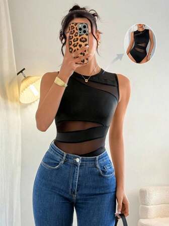 Rafferiza Elegant Sexy Fashion Black Round Neck Sleeveless Bodysuit, Geometric Mesh Splice Slim Fit Knit Bodysuit For Women, Spring/Summer