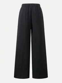 SHEIN Streecool Kids 少女休闲弹力腰阔腿梭织面料长裤，百搭返校季，秋季宽松黑色阔腿裤