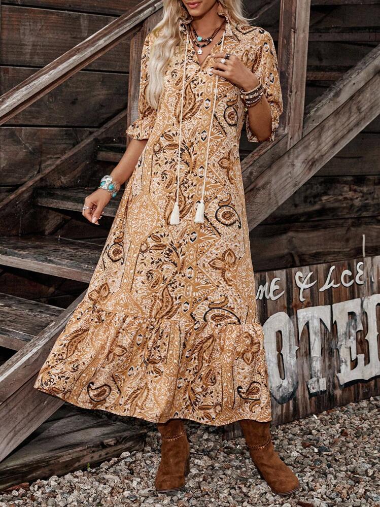 LanaWest Women's Bohemian Style Printed Mid-Sleeve Dress,Ladies Boho  Fringe,Ruffle Hem Half Sleeve Tie Neck Loose Long Multicolor Flounce Sleeve  All Over Print,Paisley Smock Women Long Dresses,Spring/Fall,Casual Daily  Wear Maxi Women Outfit |