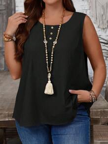EMERY ROSE Plus Size Women's Casual Black Sleeveless Top With Button Decor Round Neck,Summer Holiday,Vacation Outfits Women,Simple And Fashionable For Everyday Wear,Vacay Vibes,Springbreak,Casual Wear SS,Bohemia,Going Out Outfits,2025 New Clothes,Fall Women Clothes,Comfortable And Breathable - Black - View 3