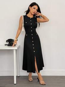 SHEIN PETITE 新款春夏休闲优雅圆领无袖包边装饰金属扣鱼尾裙开襟包臀裙黑色纹理针织面料女长裙-B，商务休闲女装