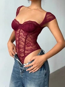Aloruh Anker 红色性感蕾丝紧身衣 - 酒紅色 - 查看 2