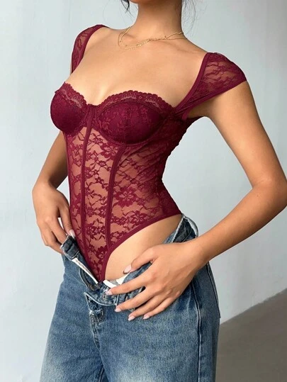 Aloruh Women's Elegant Daily Casual Commuting Nightclub Y2K Music Festival Concert Outing Wine Red Vest Anker Red Sexy Lace Bodysuit