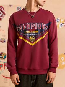 Paul Frank X SHEIN 男式字母图案圆领长袖套头衫 - 酒紅色 - 查看 3