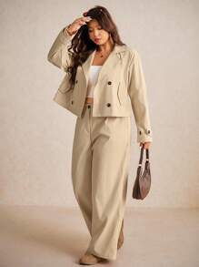 SHEIN Elaquor 2pcs Plus Size Casual Short Basic Windbreaker Jacket And Straight Leg Casual Pants Set - Apricot - View 1
