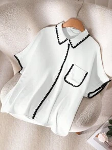 CosyJoli Plus Size Women Short Sleeve Single Breasted Pocket Casual Color Block Blouse,Slightly Sheer,Business Casual Woman Spring To Summer - White - View 5