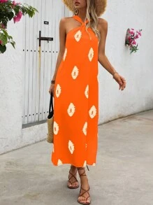 EMERY ROSE Summer Geo Print Split Hem Halter Dress Maxi Vacation Beach Outfits Women - Orange - View 5