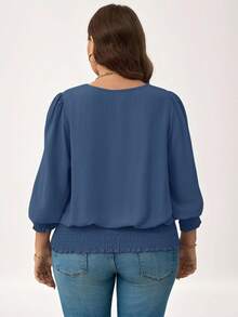 SHEIN LUNE Áo cánh tay đèn lồng màu trơn cỡ lớn, thường ngày, áo xanh dương ngày lễ năm mới - Màu xanh bụi bặm - Xem 2