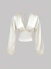 SHEIN MOD Women's Solid Color Deep V Neck Ruffle Lantern Sleeve Fashionable Blouse, Satin Blouse,Long Sleeve,V Neck,Crop Blouse, - White - View 2