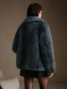 Anewsta 女士时尚新款翻领长款人造皮草大衣，冬季 - 霧霾藍 - 查看 8