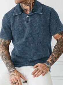 Manfinity Homme 男士水洗休闲纹理夏季短袖 Polo 衫 - 藍色 - 查看 2