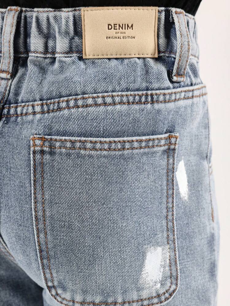 Wide Leg Distressed Denim Jeans With Side Stripes