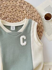 男婴字母印章撞色针织柔软圆领宽肩带套头衫松紧腰短裤两件套 - 薄荷綠 - 查看 4