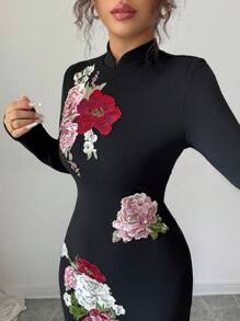 Elenzga 女士黑色立领修身旗袍连衣裙，优雅刺绣高端旗袍 - 彩色 - 查看 6