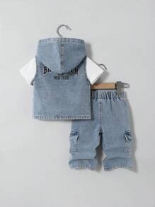 SHEIN 2 件套男童街头风格破洞印花连帽背心（带口袋）和牛仔裤套装