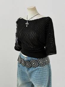 Sweetra Blusa de manga corta de punto elegante y de estilo Y2K oscuro para mujer de talla grande, adecuada para usar en primavera, verano y otoño, apta para el uso diario